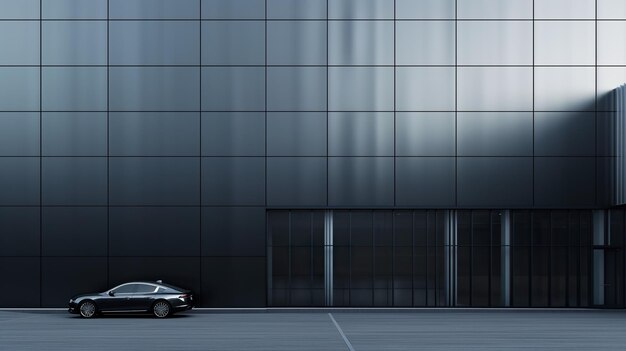 Foto un coche negro está estacionado directamente frente a un edificio comercial en una calle pavimentada