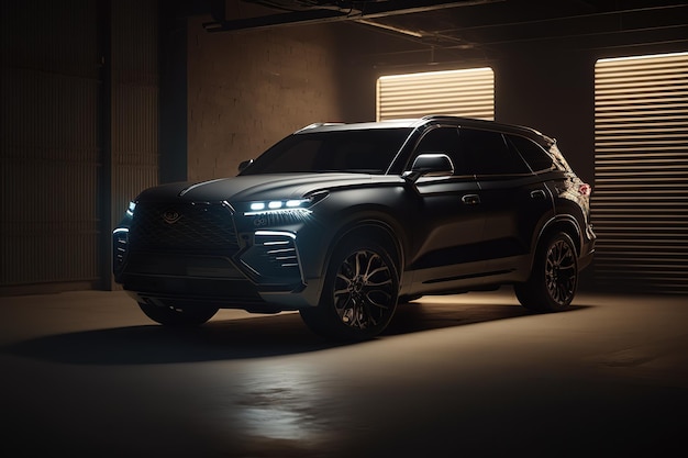 Un coche negro grande y moderno con los faros encendidos en el garajeCoche innovador futurista IA generativa