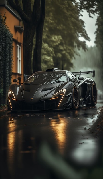 Un coche negro bajo la lluvia.