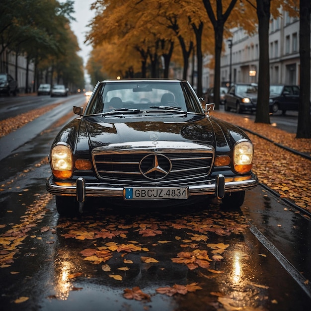 Coche negro de lujo en la ciudad de otoño