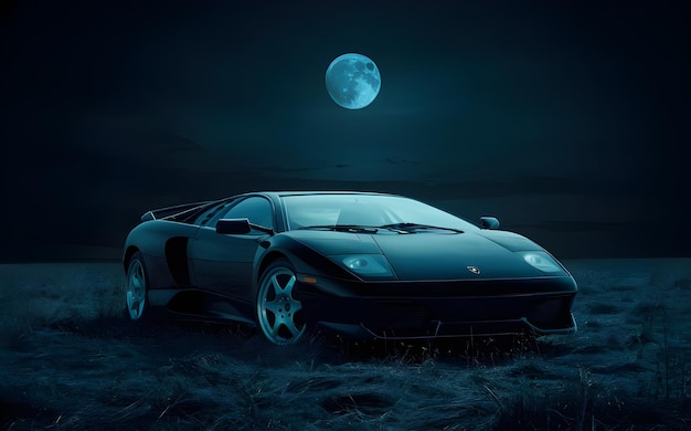 Foto un coche negro con la luna en el fondo