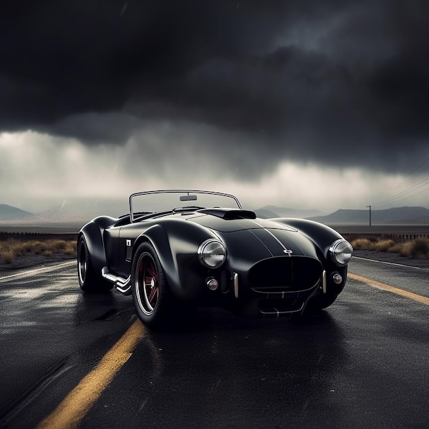 un coche negro y plateado con un cielo nublado detrás de él