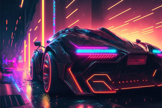 Coche de neón cyberpunk futurista en tecnología de estilo años 80 espacio saturación de color futurista asfalto húmedo hermoso fondo de pantalla metaverso carreras arte futuro noche ciudad luz automovilismo efecto AI