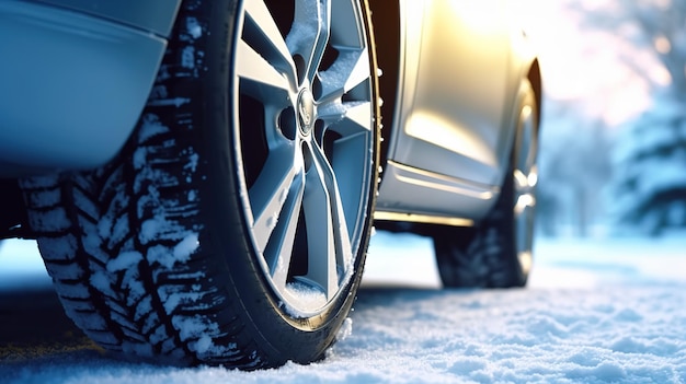 Un coche con nieve en los neumáticos.