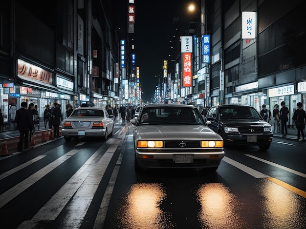 Foto el coche en la noche calle ocupada calles de tokio purle refleja