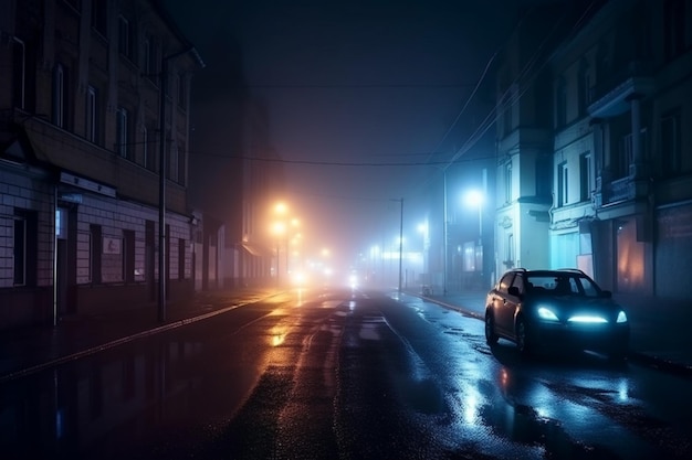 Un coche en una noche de niebla en la ciudad.