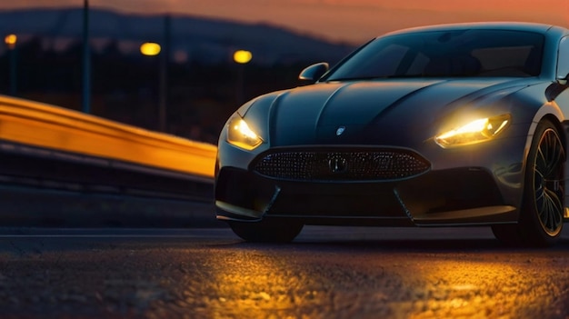 Un coche nuevo y lujoso con un faro iluminado al atardecer.