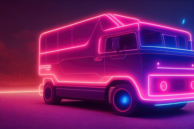 Coche de onda de sintetizador de onda retro futurista Camión grande Camión retro con contornos de luz de fondo de neón