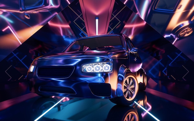 Coche en el oscuro túnel de neón renderización 3D