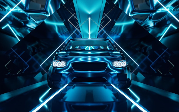 Coche en el oscuro túnel de neón renderización 3D