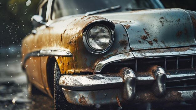 Un coche oxidado en un charco de agua