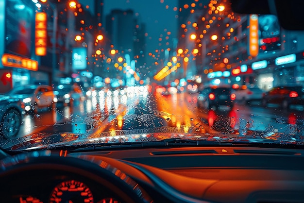 un coche con el parabrisas cubierto de gotas de lluvia y una calle de la ciudad en el fondo