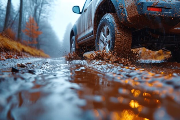 Foto el coche pasa por el barro.