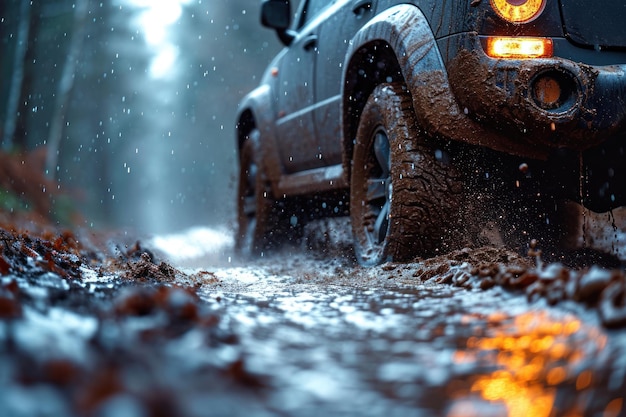 Foto el coche pasa por el barro.