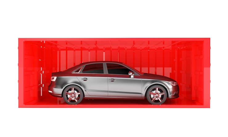 Foto coche de pasajeros en contenedor 3d render sobre fondo blanco.
