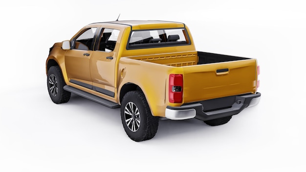 Coche pickup amarillo sobre un fondo blanco. Representación 3D.