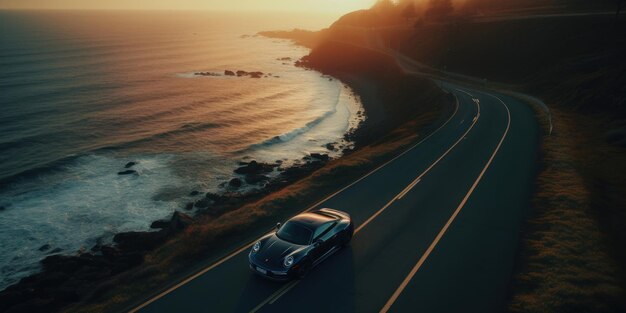 Un coche plateado circulando por una carretera con la puesta de sol detrás.