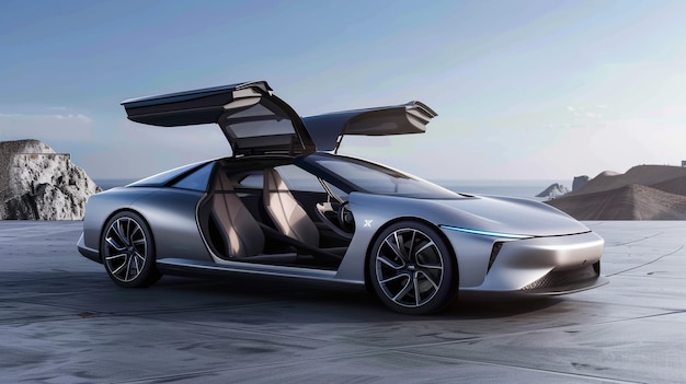 un coche plateado con un techo negro y un techo plateado se sienta en una playa