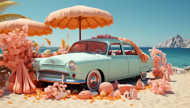 coche en la playa con accesorios de verano