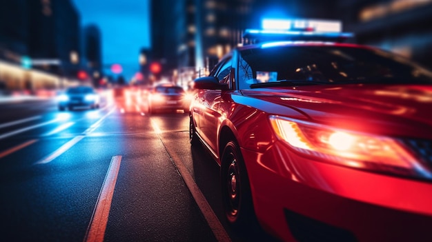 Coche de policía en la carretera de la ciudad por la noche Motion blur