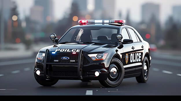 Foto el coche de policía está en la carretera es blanco y negro tiene una luz en la parte superior el coche se mueve rápido
