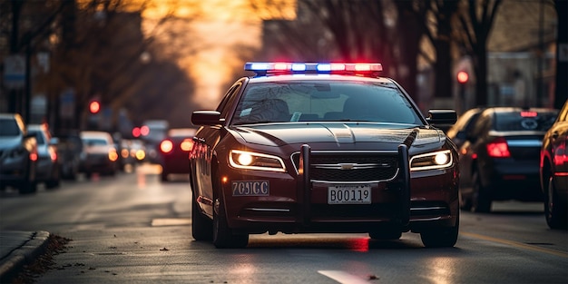 Foto coche de policía en la ciudad por la noche tráfico en la carretera