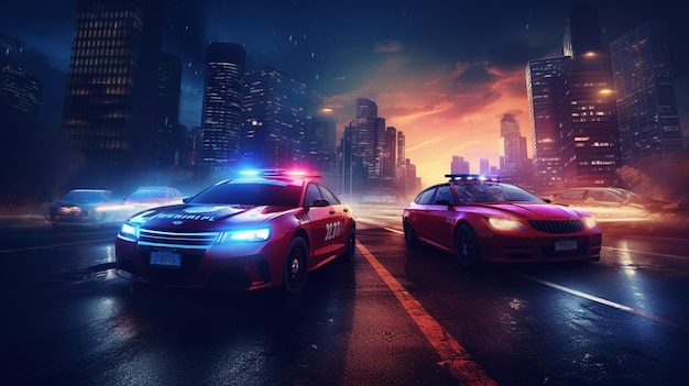 coche de policía en la ciudad de noche