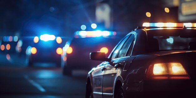 Foto el coche de la policía está conduciendo por la carretera.