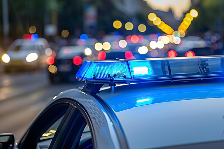 Coche de policía con luces azules intermitentes en la ciudad al anochecer