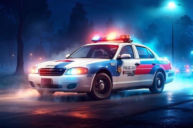 Coche de policía persiguiendo a un coche por la noche con fondo de niebla 911 Respuesta de emergencia coche de policía acelerando
