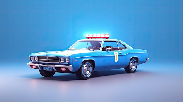 Un coche de policía retro azul con una franja blanca en el lado y luces rojas y azules en el techo El coche está en foco y hay un fondo borroso