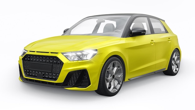 Coche premium urbano compacto en un hatchback amarillo sobre un fondo blanco aislado ilustración 3d