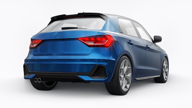 Coche premium urbano compacto en un hatchback azul oscuro en una ilustración 3d de fondo blanco aislado