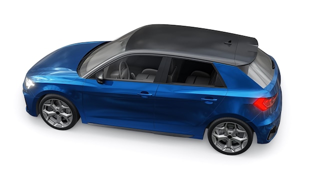 Coche premium urbano compacto en un hatchback azul oscuro en una ilustración 3d de fondo blanco aislado