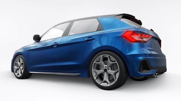 Coche premium urbano compacto en un hatchback azul oscuro en una ilustración 3d de fondo blanco aislado