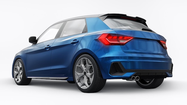 Coche premium urbano compacto en un hatchback azul oscuro en una ilustración 3d de fondo blanco aislado