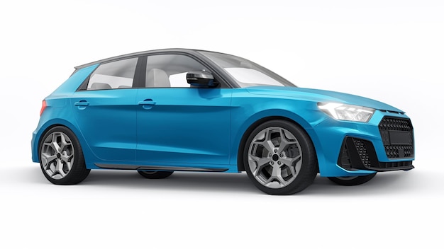 Coche premium urbano compacto en un hatchback azul sobre un fondo blanco aislado ilustración 3d