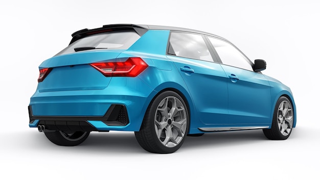 Coche premium urbano compacto en un hatchback azul sobre un fondo blanco aislado ilustración 3d