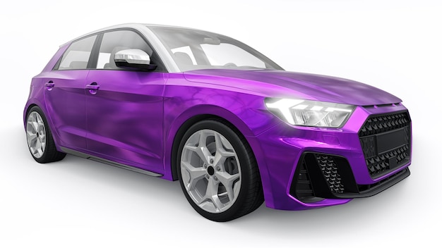 Coche premium urbano compacto en un hatchback morado en una ilustración 3d de fondo blanco aislado