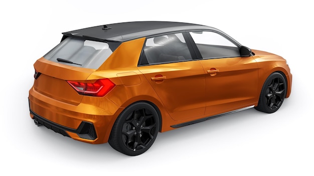 Coche premium urbano compacto en un hatchback naranja oscuro en una ilustración 3d de fondo blanco aislado