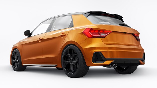 Coche premium urbano compacto en un hatchback naranja oscuro en una ilustración 3d de fondo blanco aislado