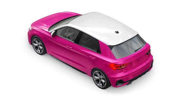 Coche premium urbano compacto en un hatchback rosa sobre un fondo blanco aislado ilustración 3d