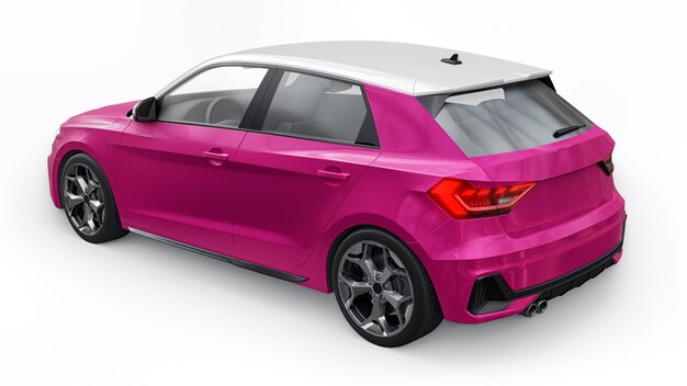 Coche premium urbano compacto en un hatchback rosa sobre un fondo blanco aislado ilustración 3d