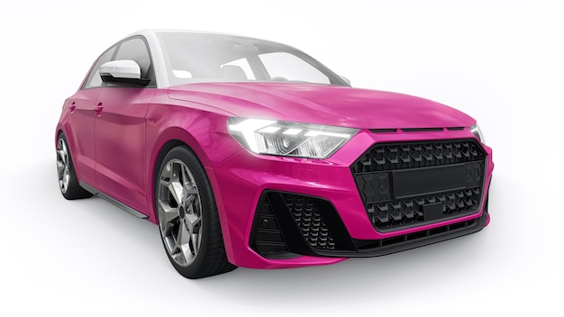 Coche premium urbano compacto en un hatchback rosa sobre un fondo blanco aislado ilustración 3d