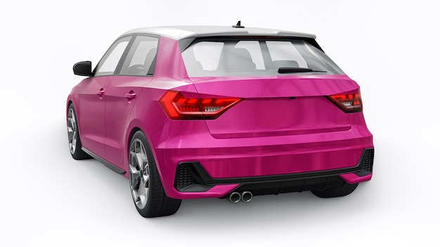 Coche premium urbano compacto en un hatchback rosa sobre un fondo blanco aislado ilustración 3d