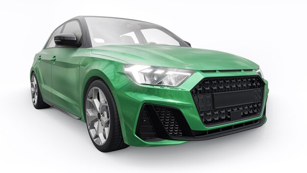 Coche premium urbano compacto en un hatchback verde oscuro en una ilustración 3d de fondo blanco aislado