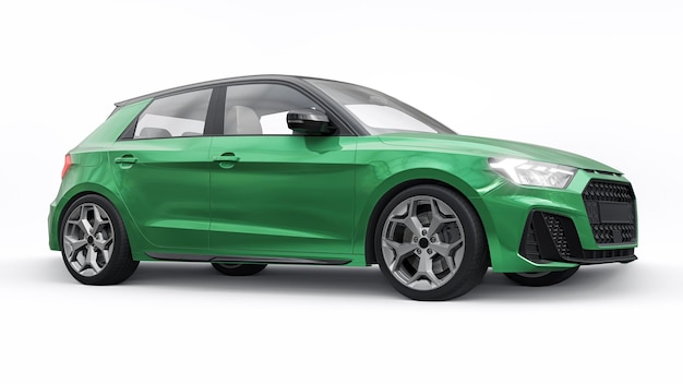 Coche premium urbano compacto en un hatchback verde oscuro en una ilustración 3d de fondo blanco aislado