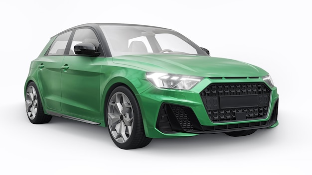 Coche premium urbano compacto en un hatchback verde oscuro en una ilustración 3d de fondo blanco aislado