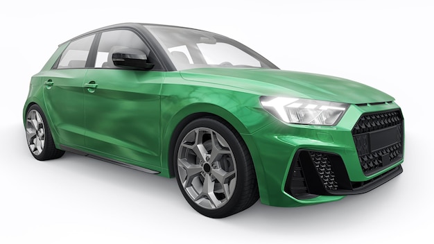 Coche premium urbano compacto en un hatchback verde oscuro en una ilustración 3d de fondo blanco aislado