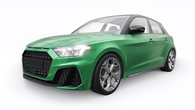 Coche premium urbano compacto en un hatchback verde oscuro en una ilustración 3d de fondo blanco aislado